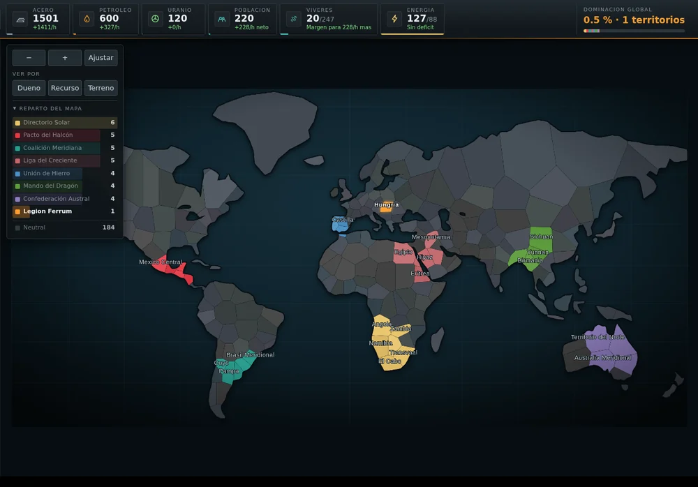 El mapamundi del juego: 265 países coloreadas por facción, con la leyenda del reparto a un lado.